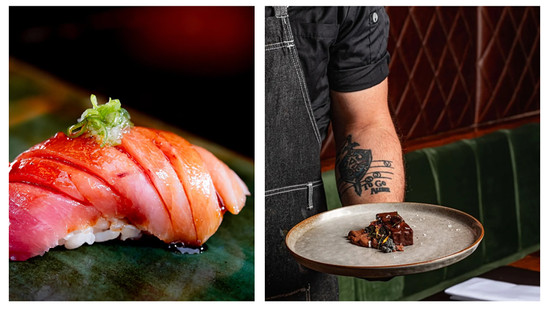 Image: sushi and chocolate cake.