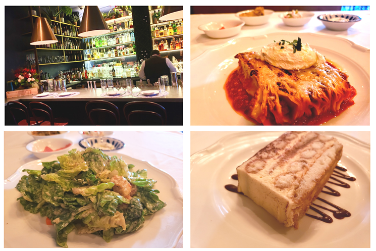 The bar at Fachini (top left), 50-layer lasagna (top right), a Cesar salad and tiramisu. - KRISTINA ROWE