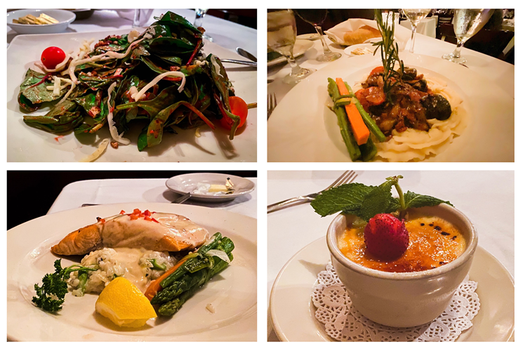 The St. Martin's menu includes their brie soup, salad (top left), choice of prime boeuf bourguignon (top right) or salmon and crème brûlée. - CHRIS WOLFGANG