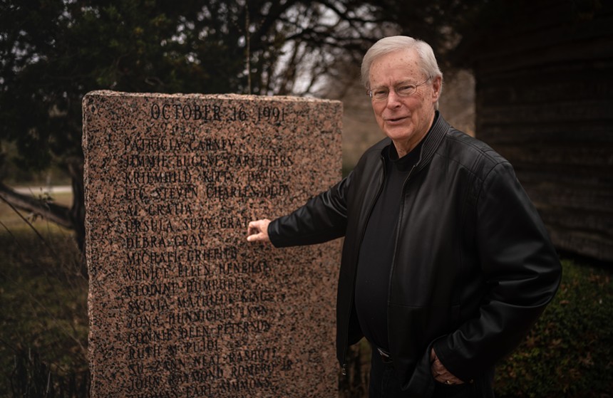 In January 2022, Pastor Jimmy Towers stands in front of the memorial to the 1991 shooting in Killeen, Texas. - MIKE BROOKS