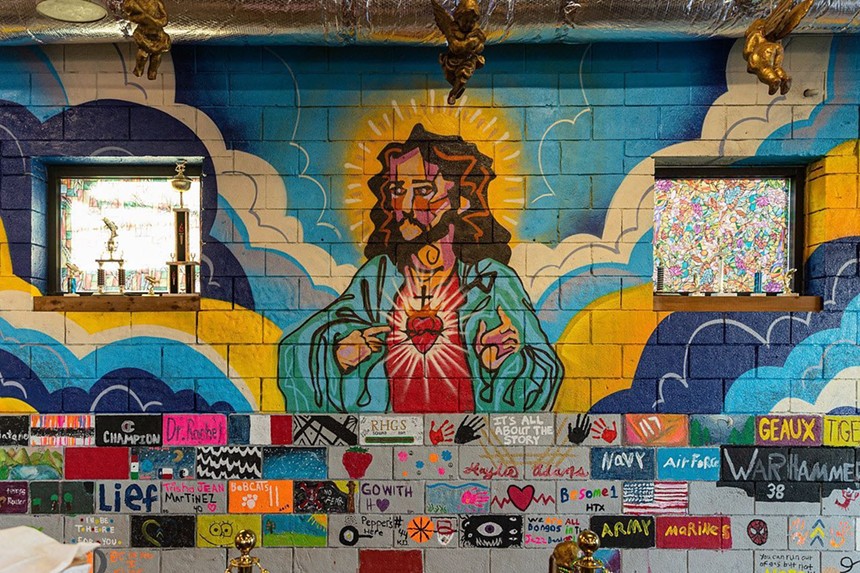 Jesus Mural at Bongo Beaux's spray-painted by angels in the rafters. - COURTESY OF BONGO BEAUX'S