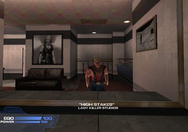 Duke Nukem admires himself in a dressing room mirror in the opening level of the leaked Duke Nukem Forever game. - SCREENSHOT FROM DUKE NUKEM FOREVER (2001)