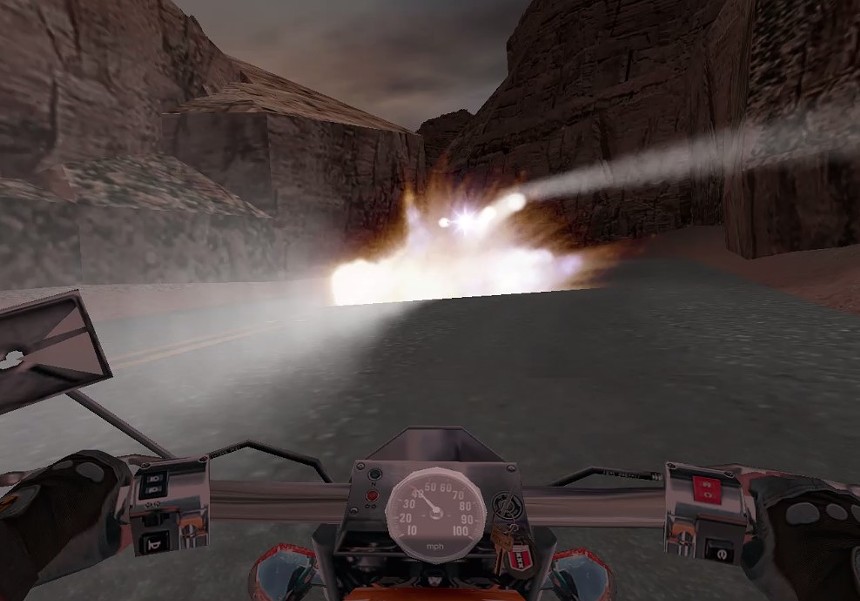 The leaked version of Duke Nukem Forever features a couple of levels in which Duke travels through the Nevada desert on a motorcycle as he dodges oncoming missiles. - SCREENSHOT FROM DUKE NUKEM FOREVER (2001)