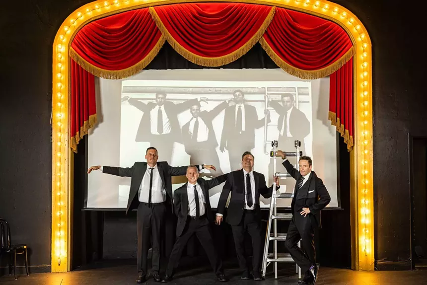 Josh Roberts, David Wilk, Frank Ford and David Ahearn re-create a photo of the troupe’s founding members, with Roberts subbing for Troy Grant in the original. - KATHY TRAN