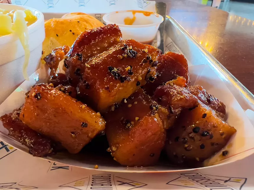 Smoked pork belly from Crossbuck BBQ.