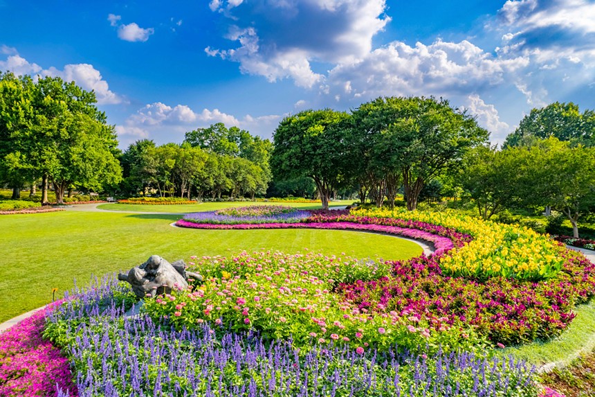 A flower-filled view of the grounds on the Dallas Arboretum, a great Valentine's Day spot in Dallas.