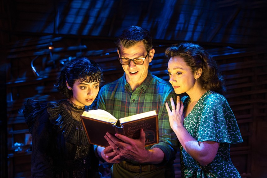 Beetlejuice stars Isabella Esler (as Lydia Deetz) and Will Burton and Megan McGinnis (as Adam and Barbara Maitland) read a book in a scene from the musical.