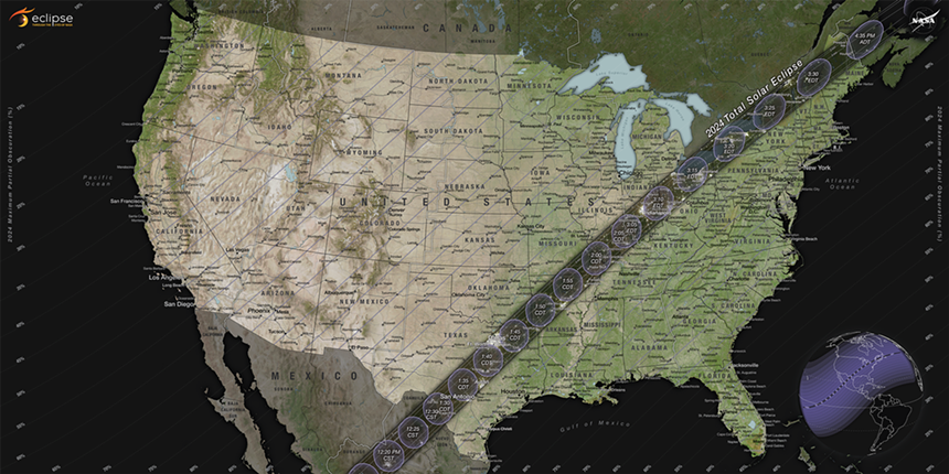 A NASA map showing the path of a total solar eclipse in April 2024.