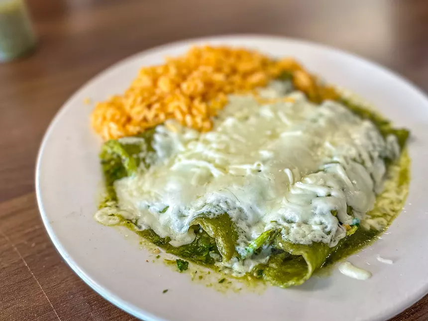 enchiladas verdes and rice