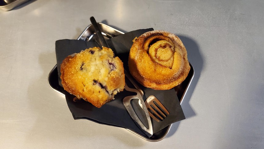 A blueberry muffin and cinnamon bun at Khroma cafe.