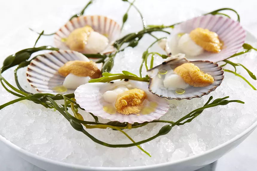 Knife and Spoon, Nantucket scallop with uni, tomato water and mustard oil.