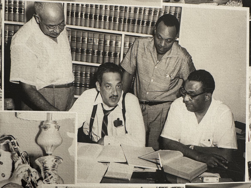 Archive photo on display at the South Dallas Cultural Center featuring Thurgood Marshall and fellow social justice advocates.