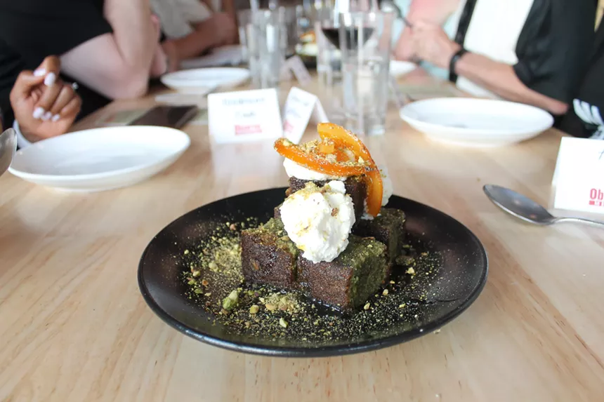 pistachio olive oil cake topped with marmalade.