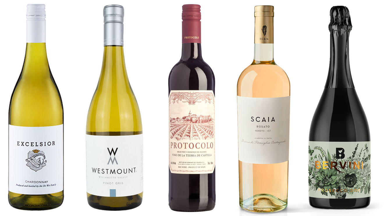 From left: Excelsior Chardonnay, Westmount Pinot Gris, Protocolo Tinto, Scaia Rosé, Bervini Extra Dry Prosecco