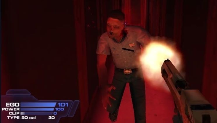 Duke Nukem guns down an infected soldier with his gold Desert Eagle in a leaked, earlier version of the first person shooter game Duke Nukem Forever made by 3D Realms.