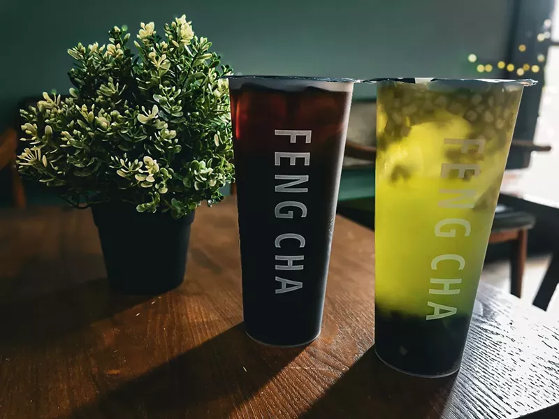 Image: Cold brew with boba (left) and an iced jasmine apple green tea with boba.