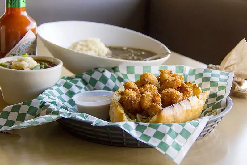 Image: A shrimp po'boy, red beans and rice and gumbo at Bucky's