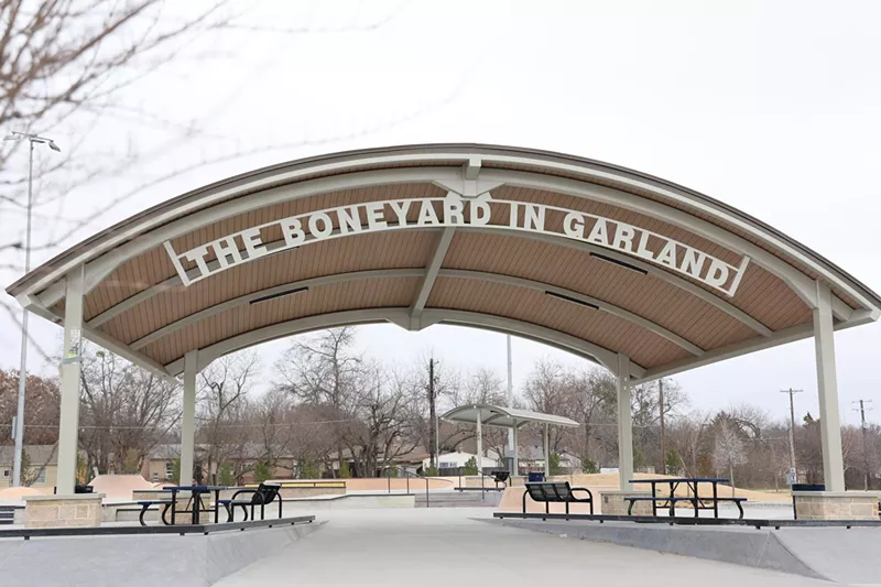 Image: The sign at the gate of The Boneyard skatepark in Garland, Texas.