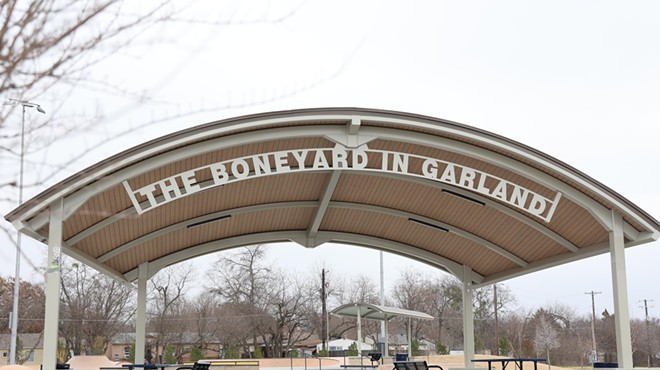The sign at the gate of The Boneyard skatepark in Garland, Texas.